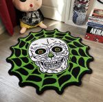 Green Spider Web Skull Halloween Rug